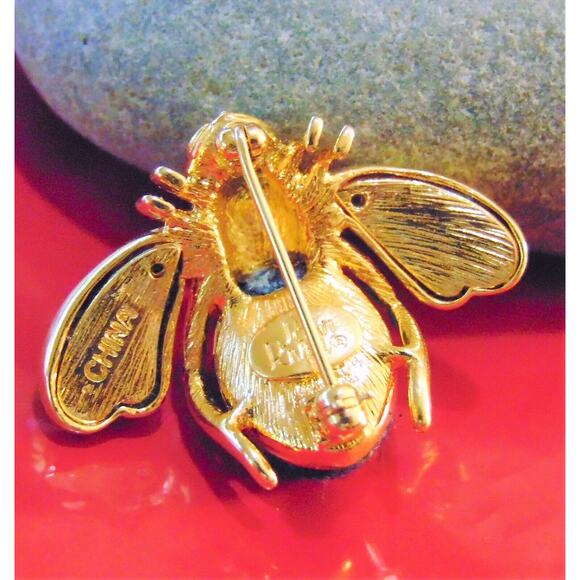 VTG Joan Rivers Blue DENIM & PAVE CRYSTAL BEE PIN Brooch Gold Plate Rhinestones! - Picture 3 of 7